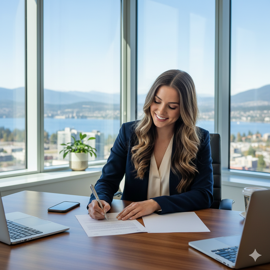 Business owner at desk preparing financial documents for sale listing